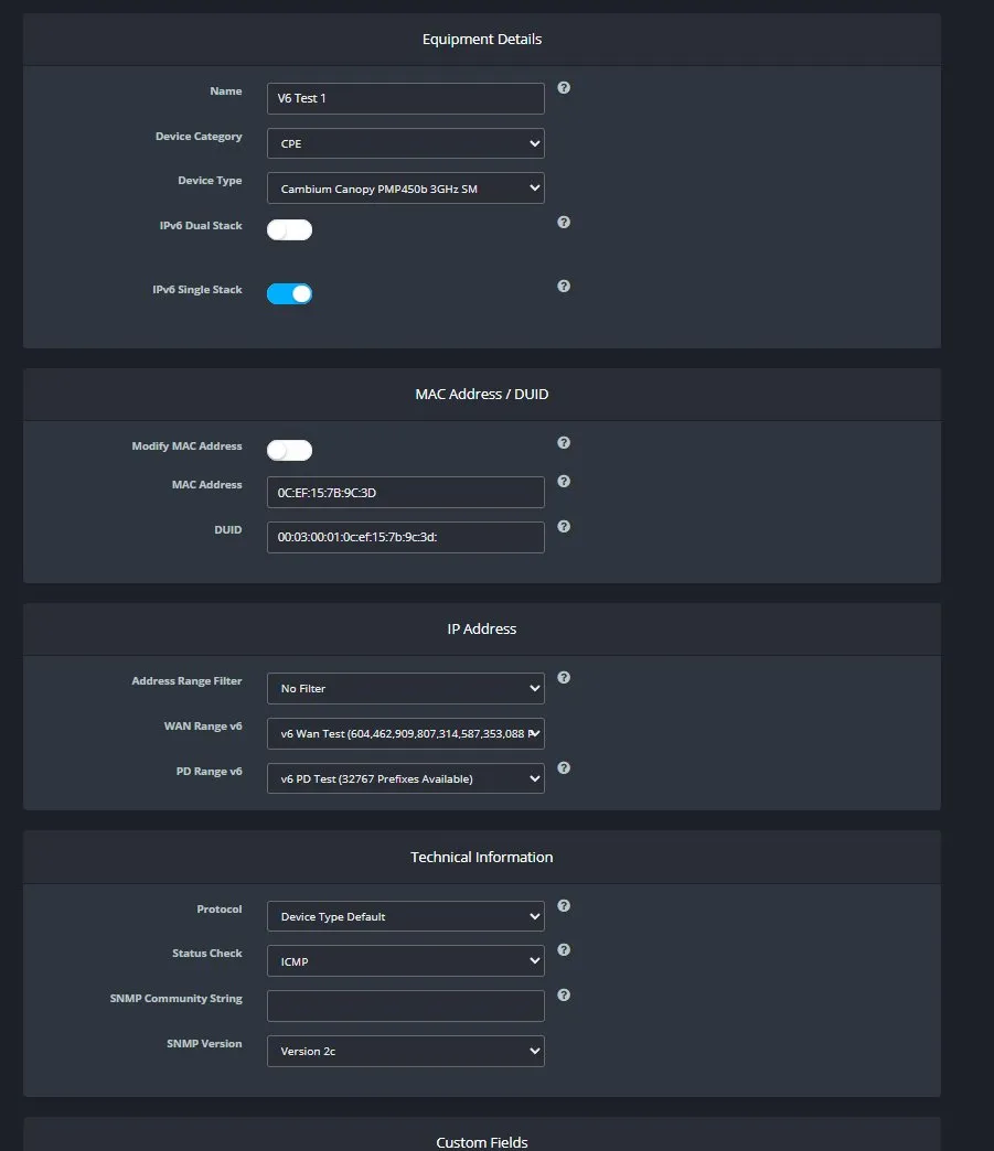 The equipment edit form showing IPv6 Single Stack toggle enabled, DUID populated, and WAN Range v6 and PD Range v6 dropdowns