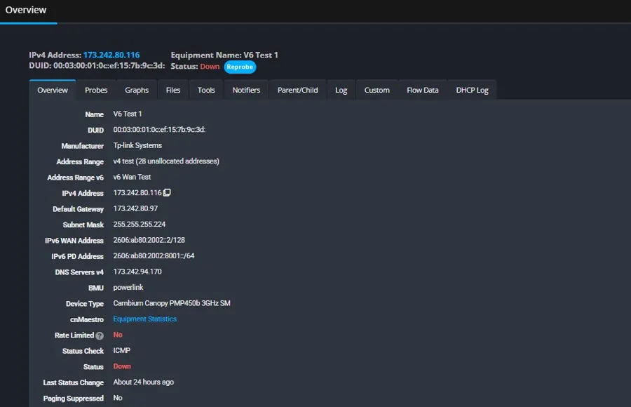 A subscriber CPE record in Powercode showing both IPv4 address and IPv6 WAN address plus IPv6 PD prefix